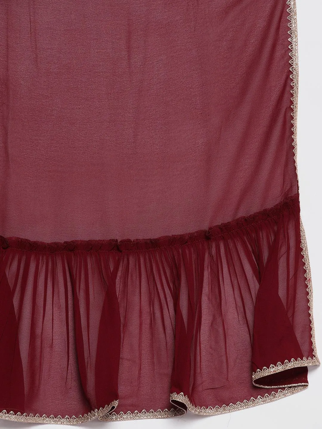 Maroon Embroidered Georgette A-Line Kurta With Trousers & Dupatta