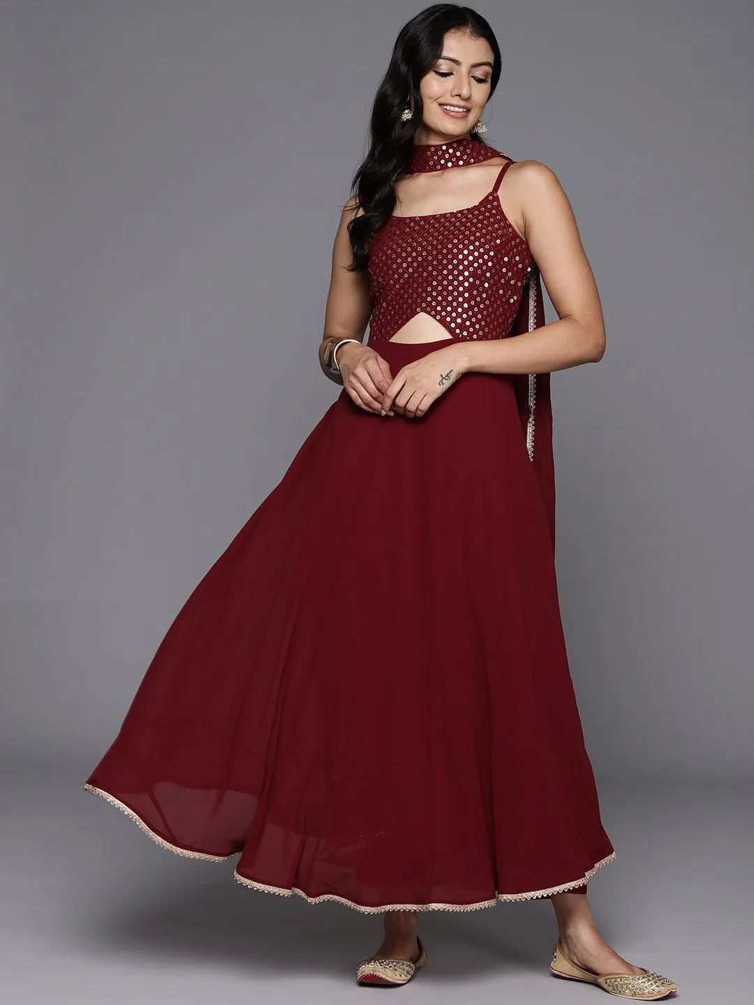 Maroon Embroidered Georgette A-Line Kurta With Trousers & Dupatta