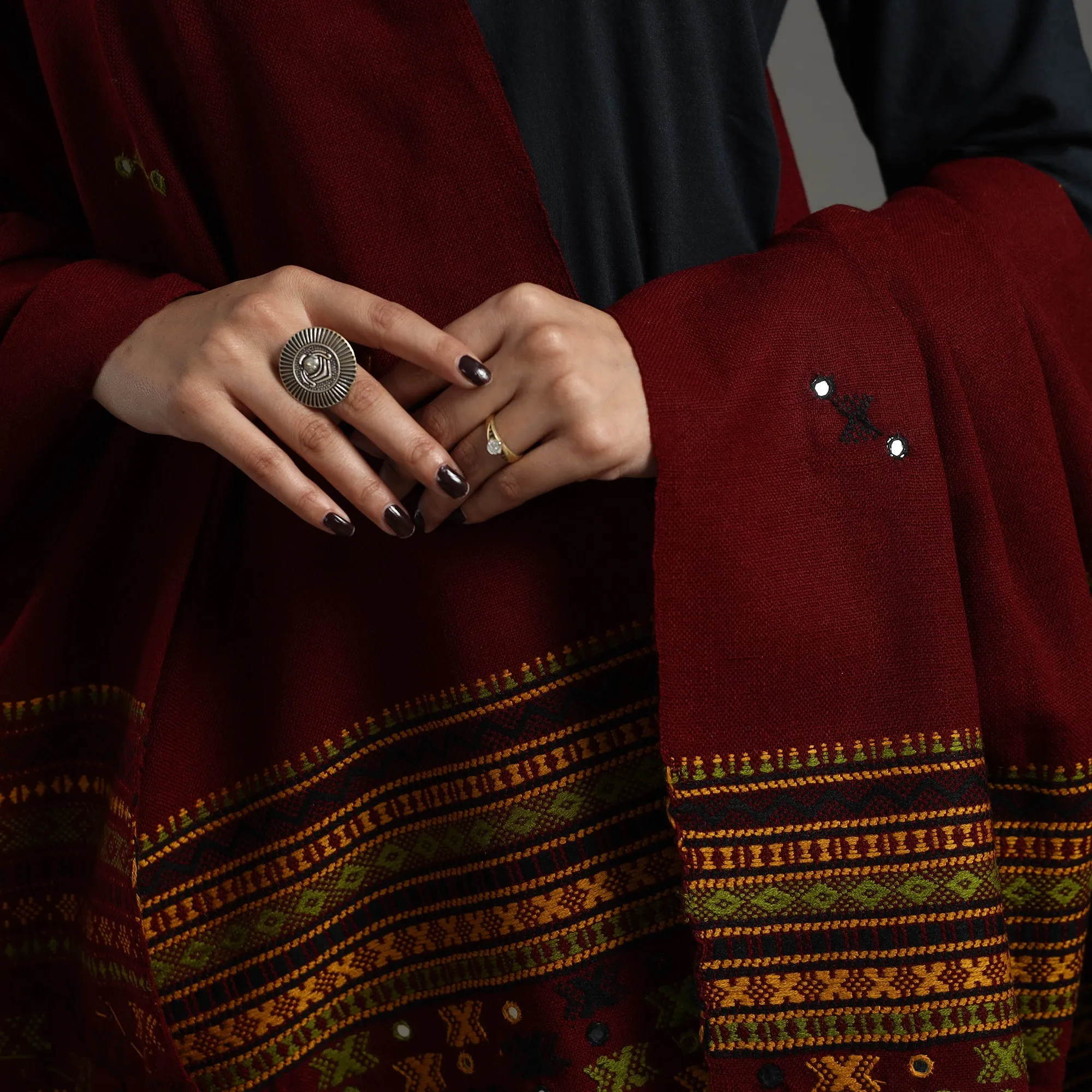 Maroon - Kutch Handwoven Mirror Work Woollen Shawl 26