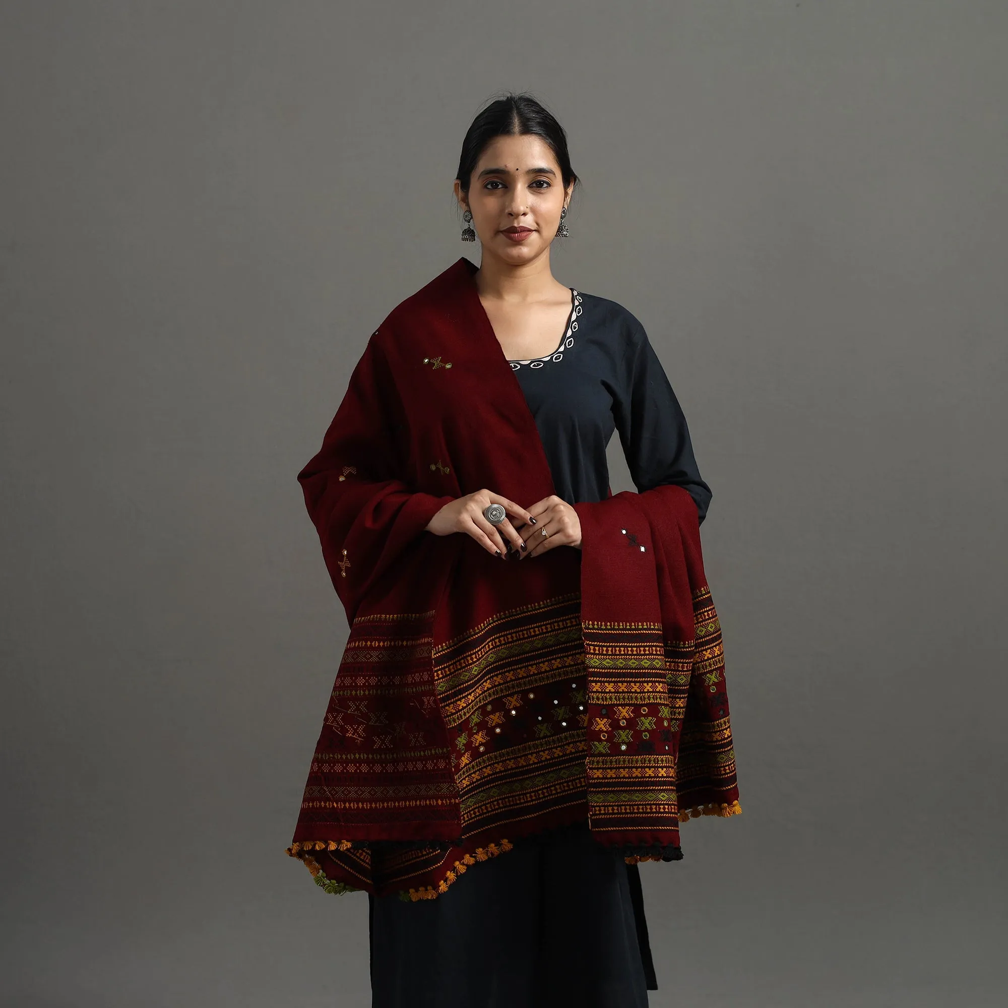 Maroon - Kutch Handwoven Mirror Work Woollen Shawl 26