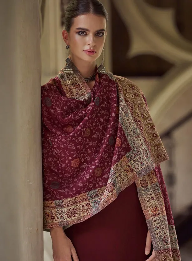 Maroon Unstitched Pashmina Winter Suit Material with Embroidery for Women