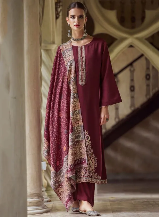 Maroon Unstitched Pashmina Winter Suit Material with Embroidery for Women