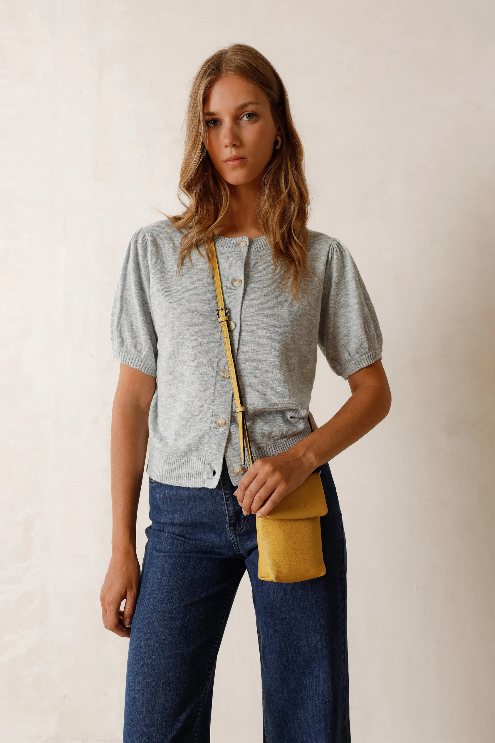 Melange Short Sleeve Cardigan - Grey