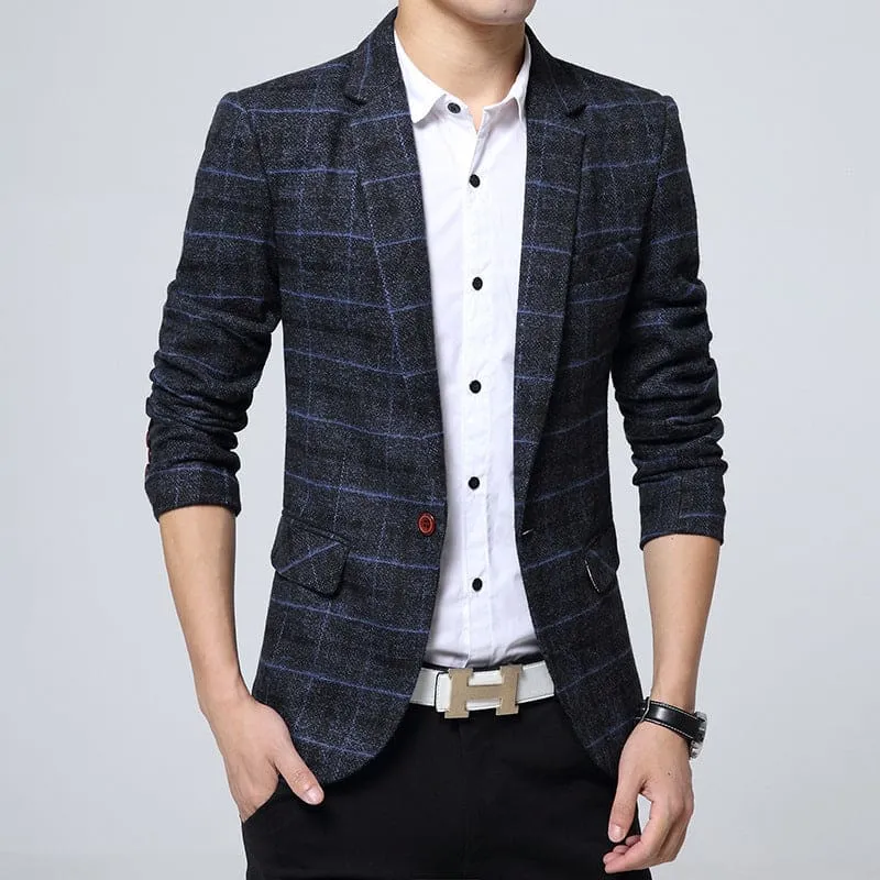 Men Lapel Collar Plaid Print One Button Tweed Blazer