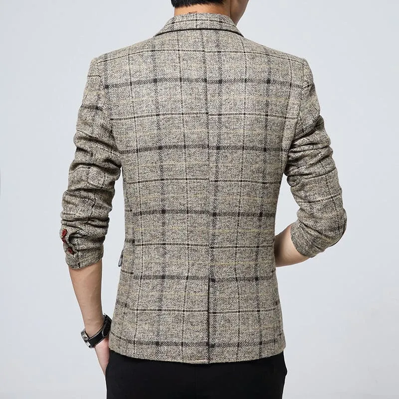 Men Lapel Collar Plaid Print One Button Tweed Blazer