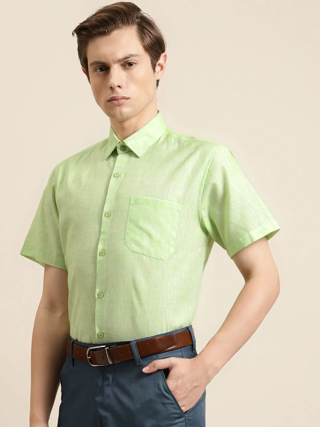 Men's Cotton Blend Lime Green Classic Formal Shirt - Sojanya