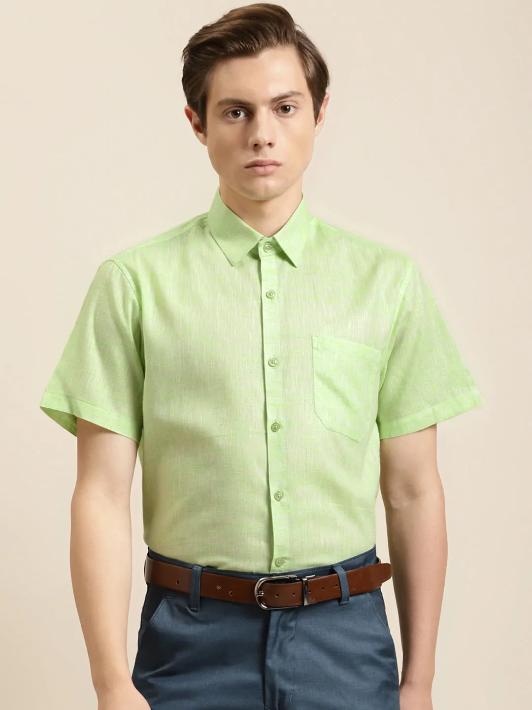 Men's Cotton Blend Lime Green Classic Formal Shirt - Sojanya