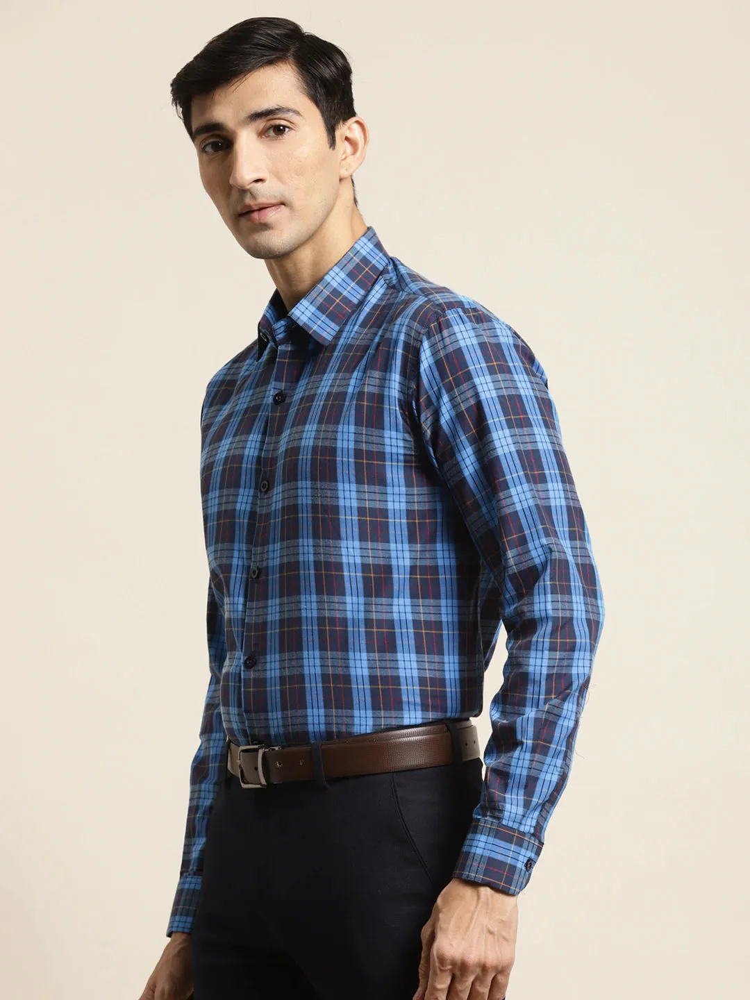 Men's Cotton Dark Blue & Peacock Blue Check Formal Shirt - Sojanya