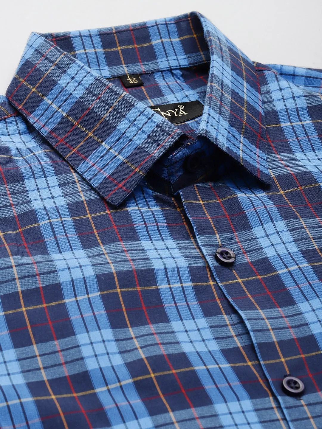 Men's Cotton Dark Blue & Peacock Blue Check Formal Shirt - Sojanya