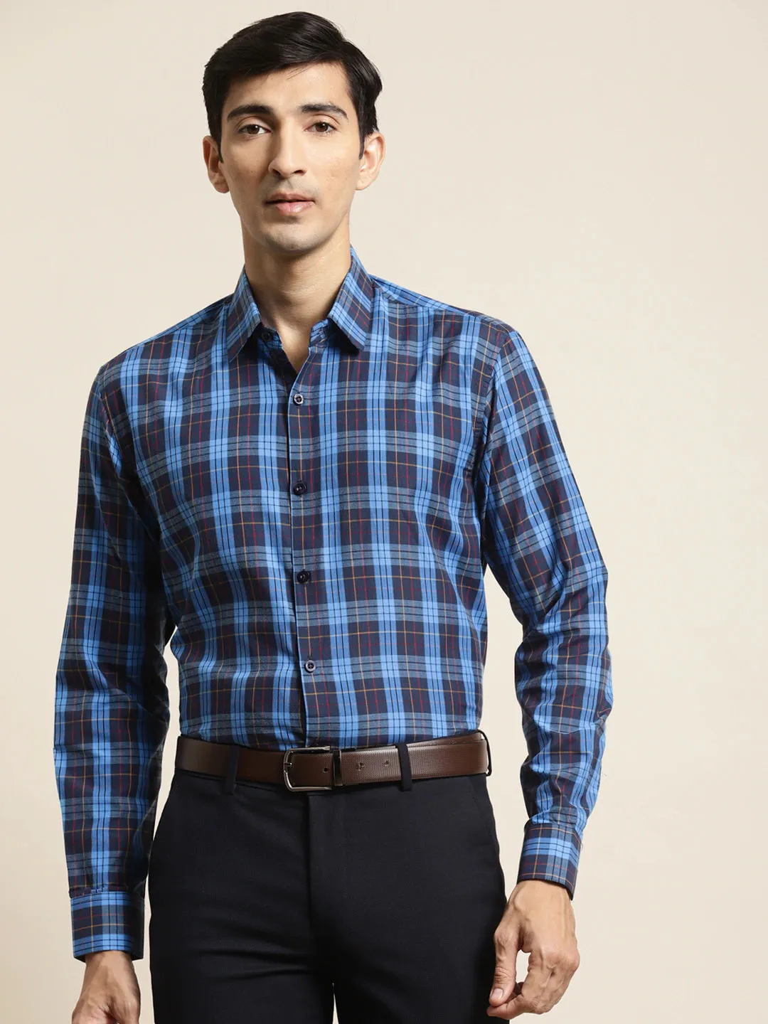 Men's Cotton Dark Blue & Peacock Blue Check Formal Shirt - Sojanya