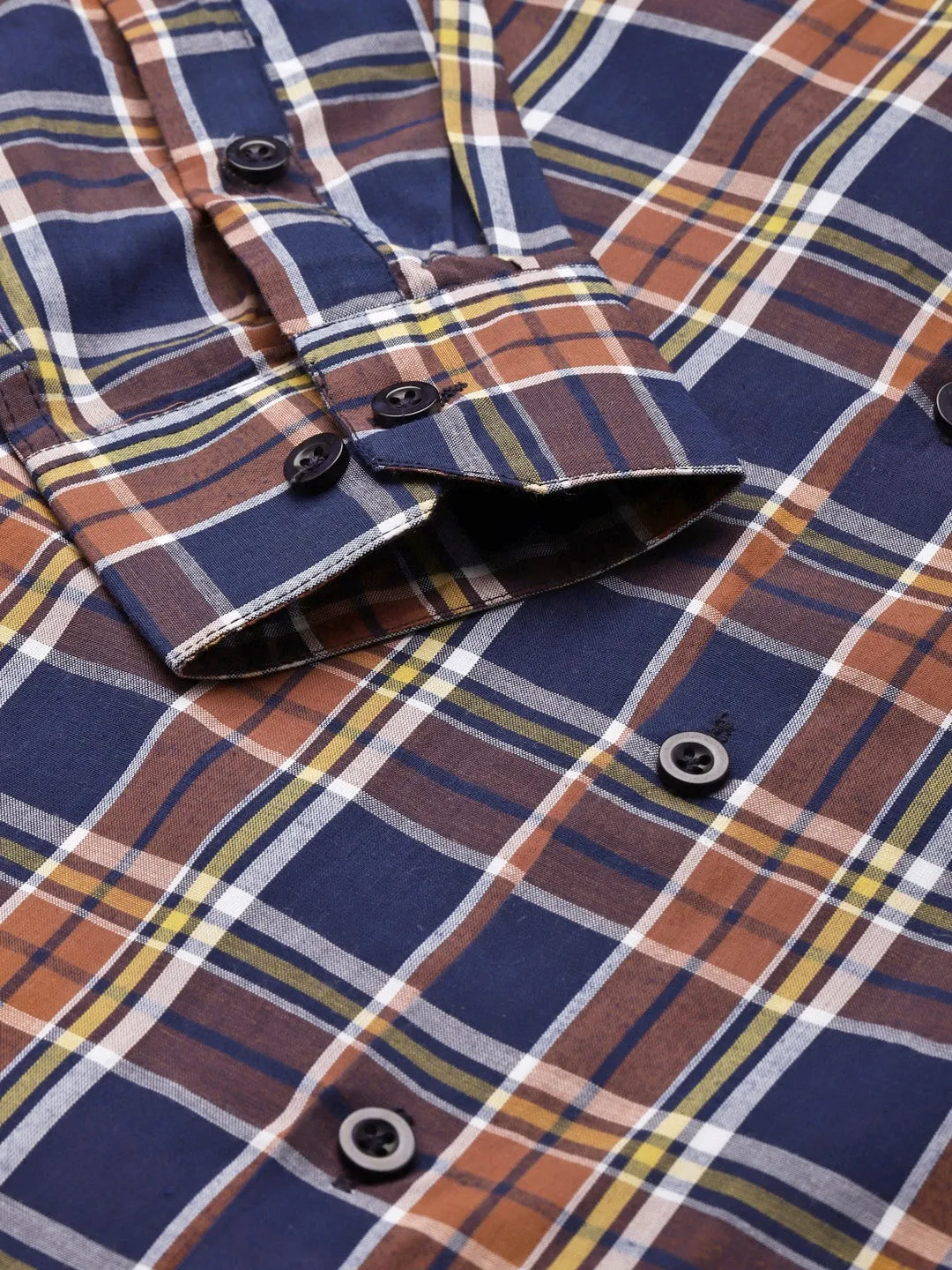 Men's Cotton Orange & Navy Blue Check Formal Shirt - Sojanya