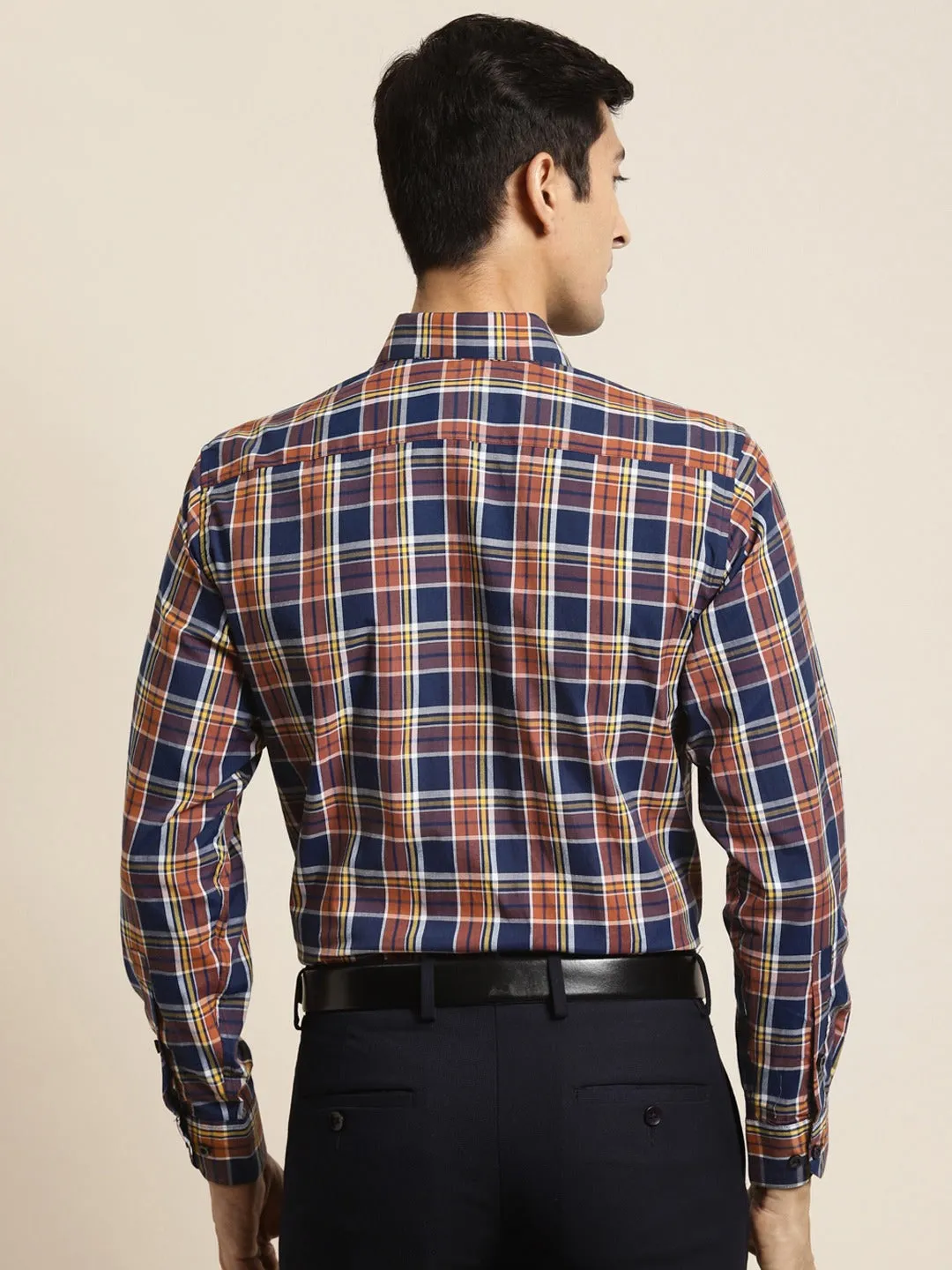 Men's Cotton Orange & Navy Blue Check Formal Shirt - Sojanya