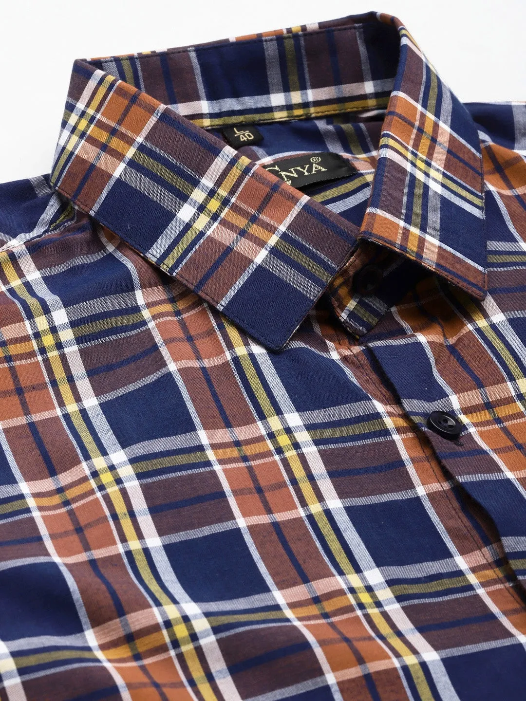 Men's Cotton Orange & Navy Blue Check Formal Shirt - Sojanya