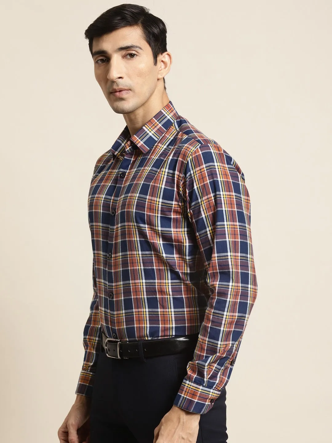 Men's Cotton Orange & Navy Blue Check Formal Shirt - Sojanya