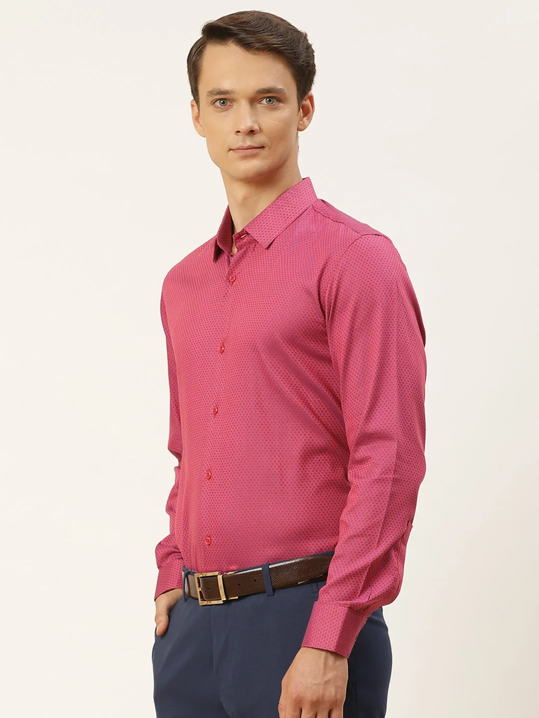 Mens Cotton Pink & Navy Blue Self Design Formal Shirt - Sojanya