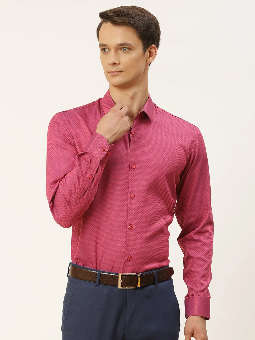 Mens Cotton Pink & Navy Blue Self Design Formal Shirt - Sojanya