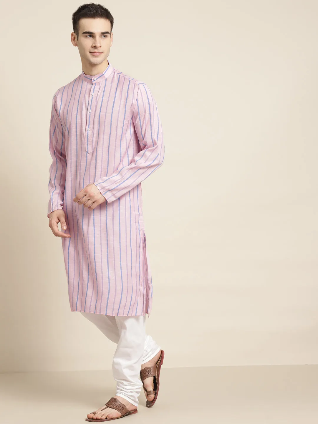 Men's Cotton Pink Kurta & White Churidar Pyjama Set - Sojanya