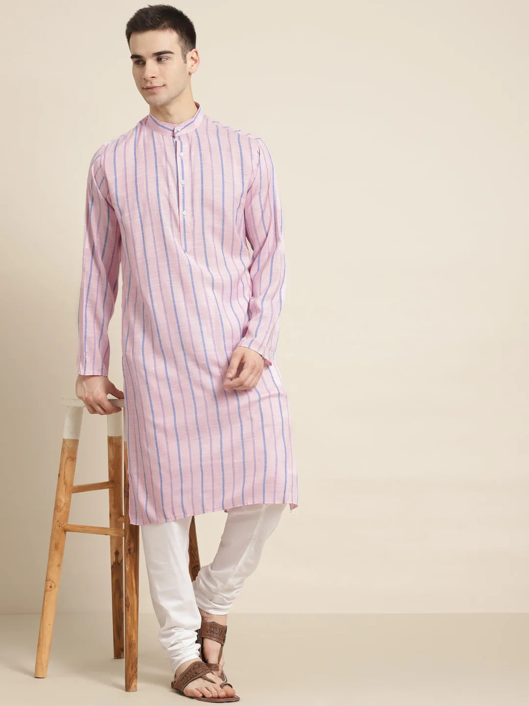 Men's Cotton Pink Kurta & White Churidar Pyjama Set - Sojanya