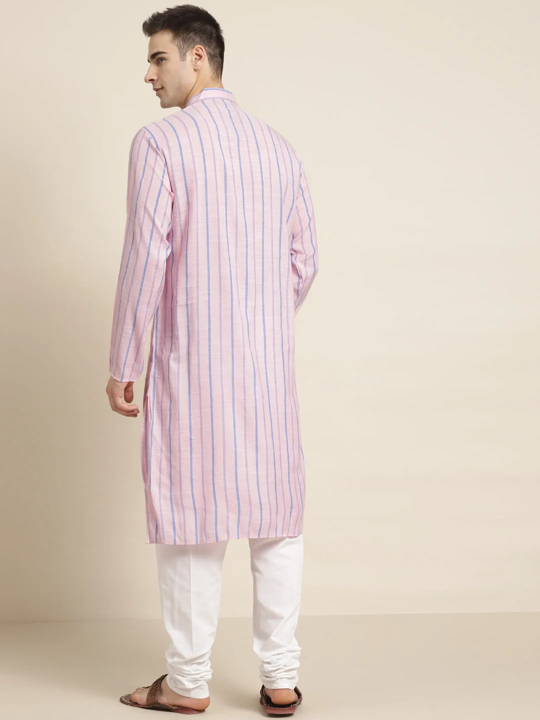 Men's Cotton Pink Kurta & White Churidar Pyjama Set - Sojanya