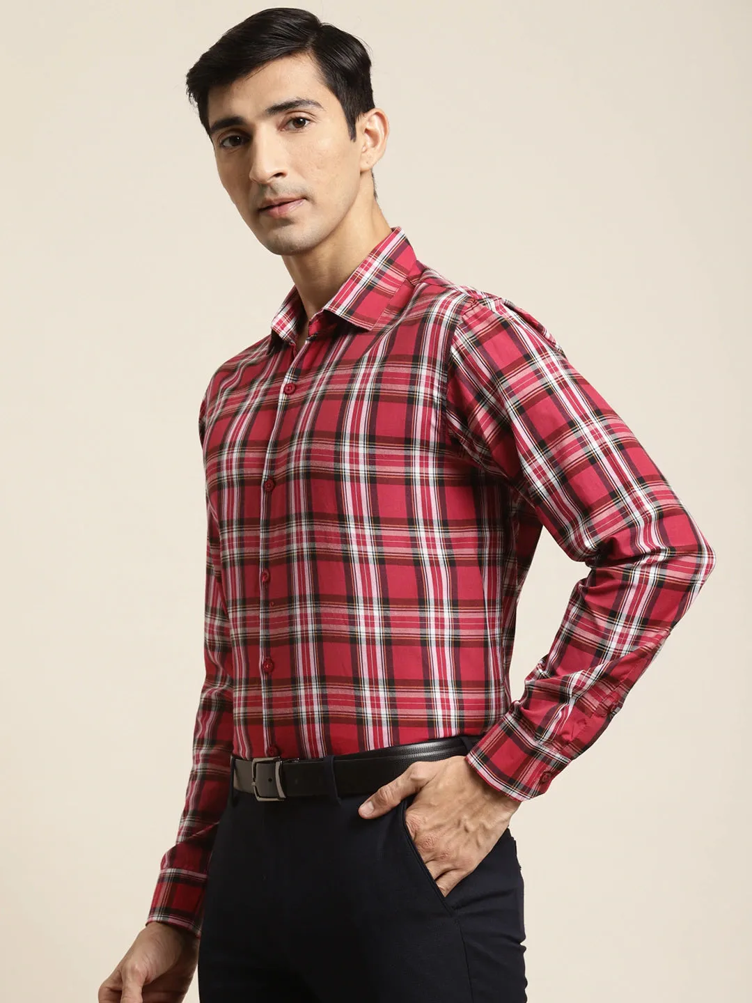 Men's Cotton Red & White & Check Formal Shirt - Sojanya