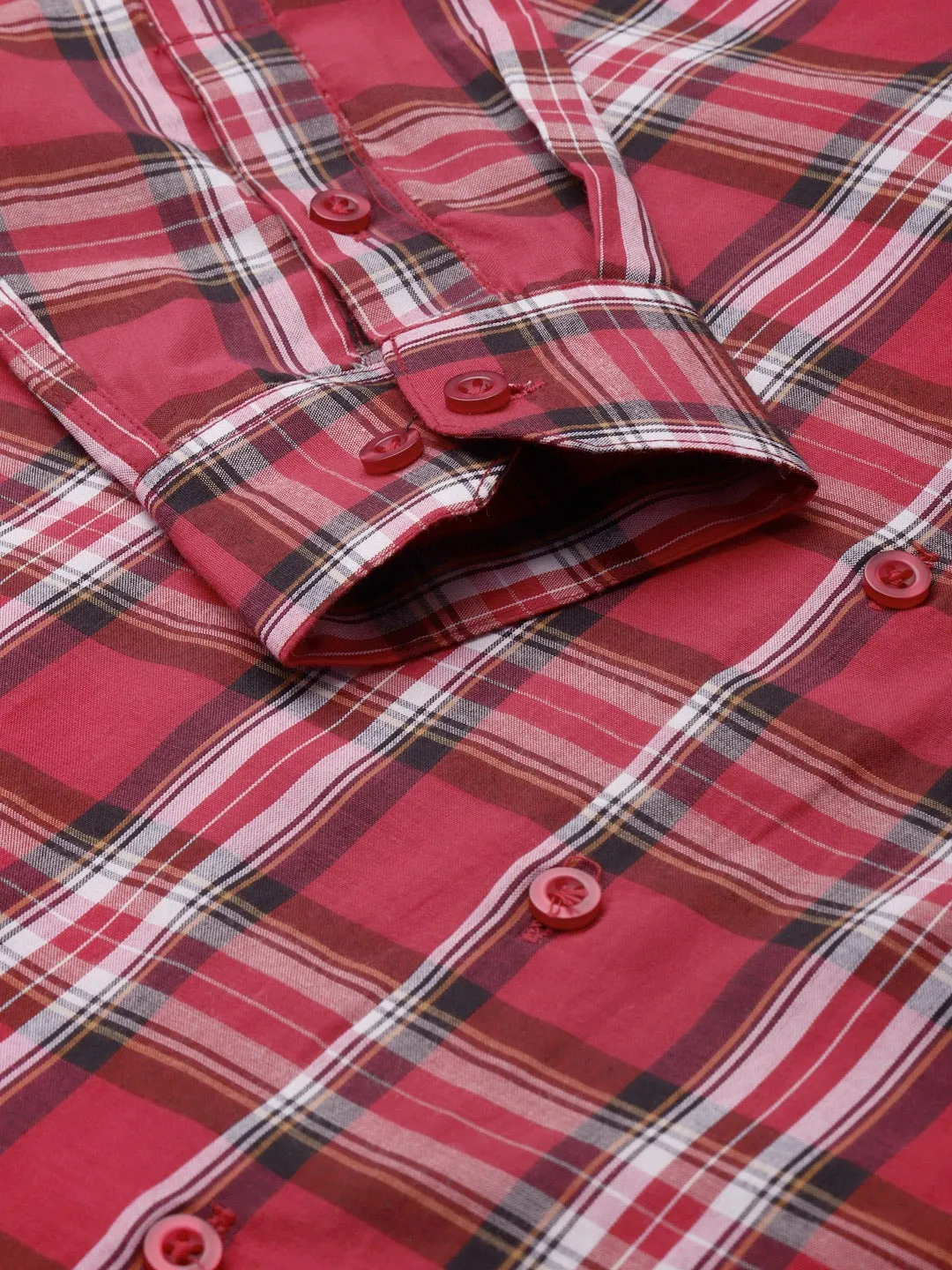 Men's Cotton Red & White & Check Formal Shirt - Sojanya