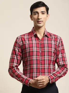 Men's Cotton Red & White & Check Formal Shirt - Sojanya