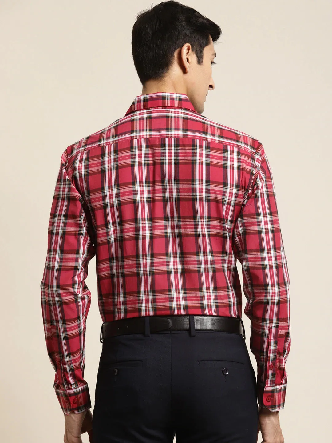 Men's Cotton Red & White & Check Formal Shirt - Sojanya