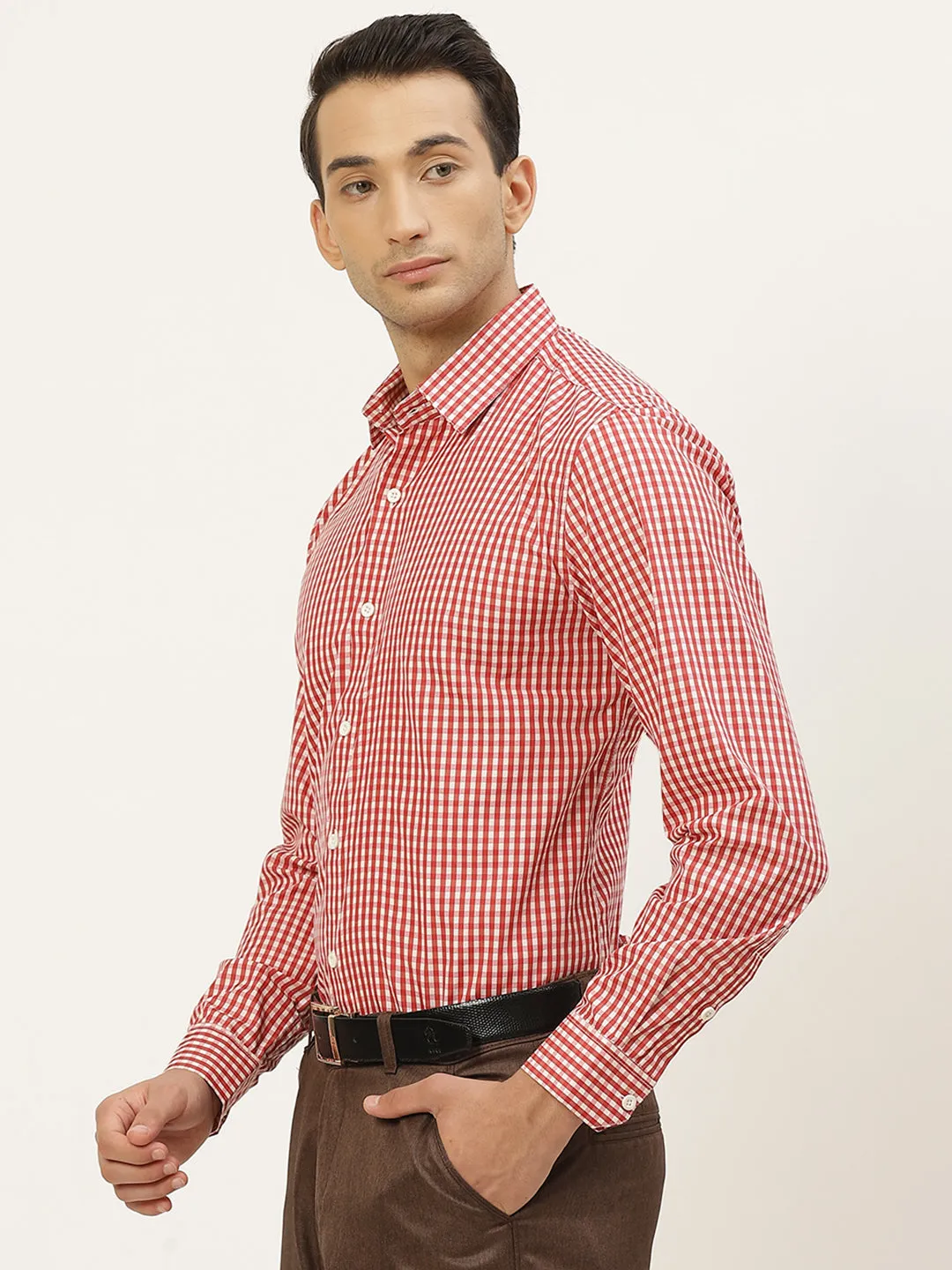 Men's Cotton Red & White Checked Formal Shirt - Sojanya