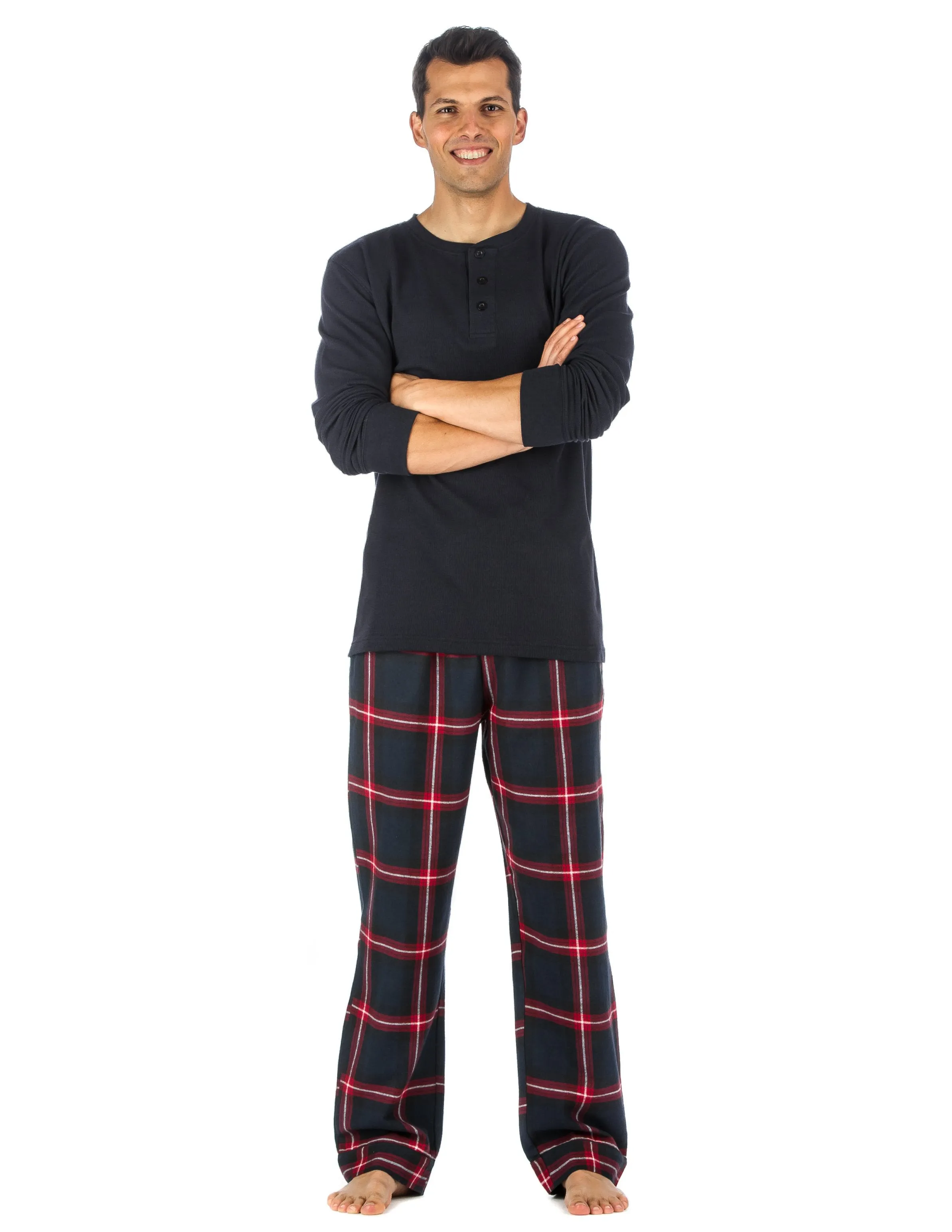 Mens Premium 100% Cotton Flannel Lounge Set - Black-Red Plaid