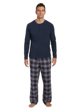 Mens Premium 100% Cotton Flannel Lounge Set - Gingham Checks - Charcoal-Navy