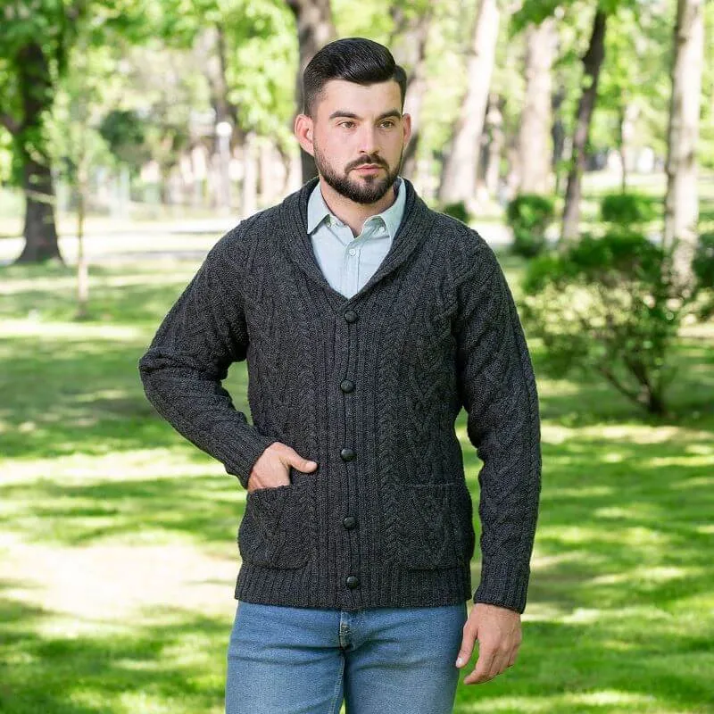 Mens Shawl Neck Merino Wool Aran Cardigan