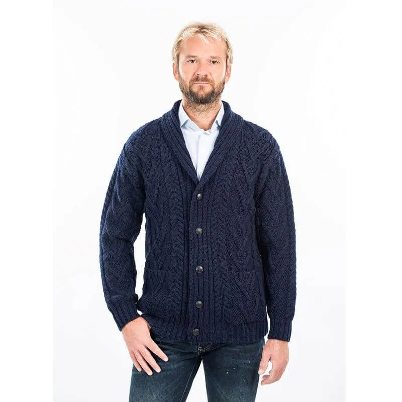 Mens Shawl Neck Merino Wool Aran Cardigan