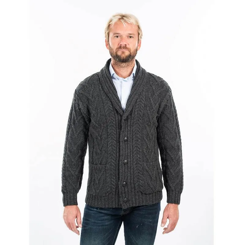 Mens Shawl Neck Merino Wool Aran Cardigan