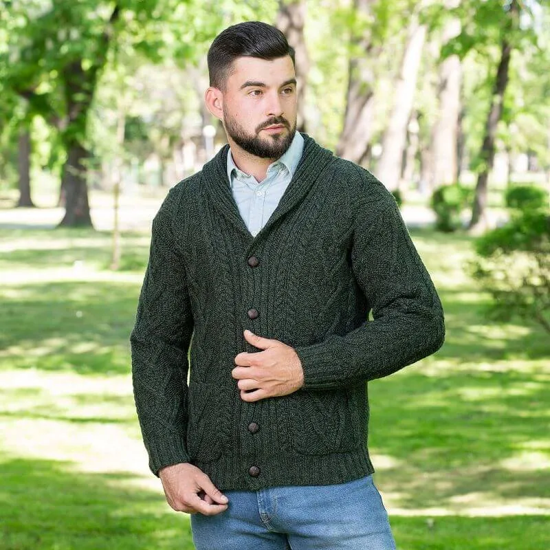 Mens Shawl Neck Merino Wool Aran Cardigan