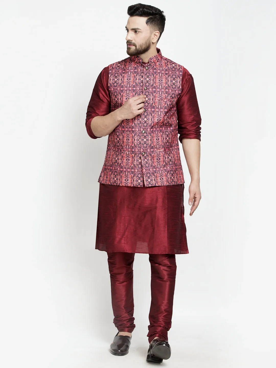 Men's Silk Blend Maroon Kurta With Pyjama & Coral Printed Nehru Jacket - Benstoke