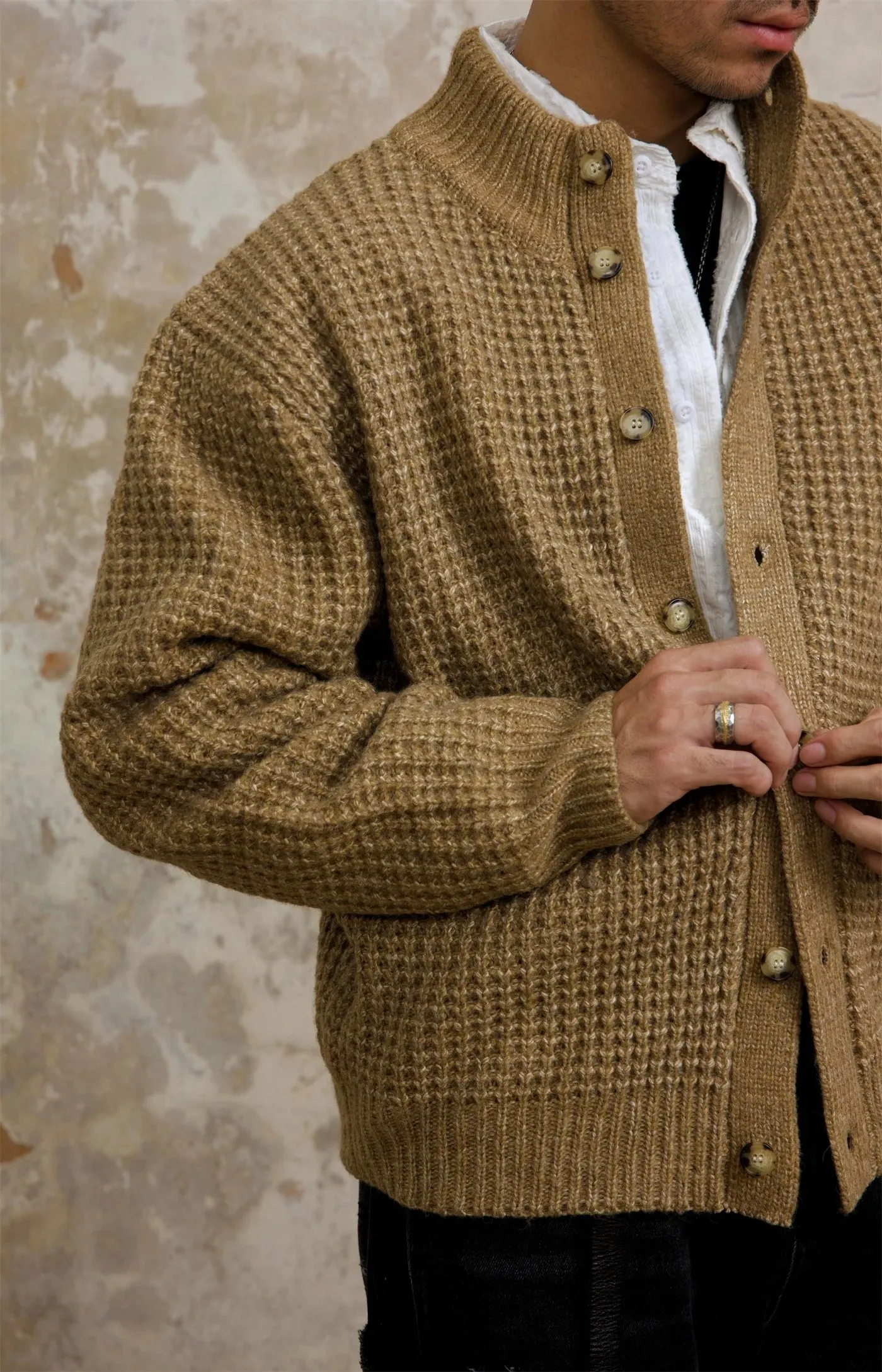 Men's Stand Collar Waffle Woolen Cardigan