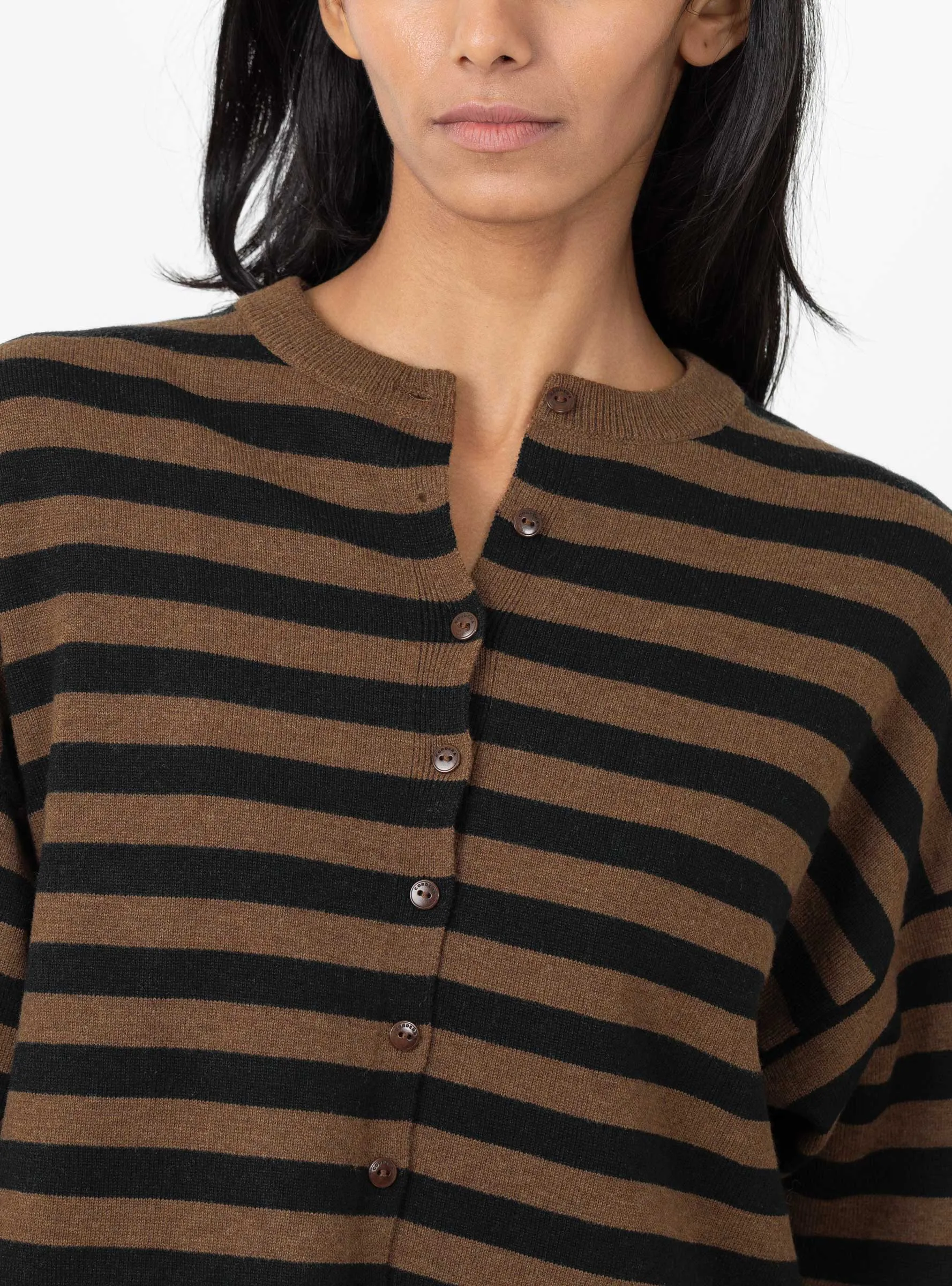 Merino Wool Striped Cardigan Brown