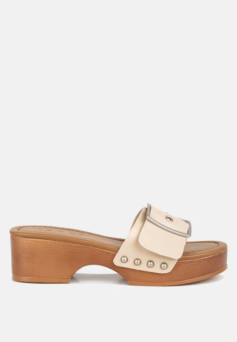 MIINDY Buckle Strap Leather Slip Ons in beige