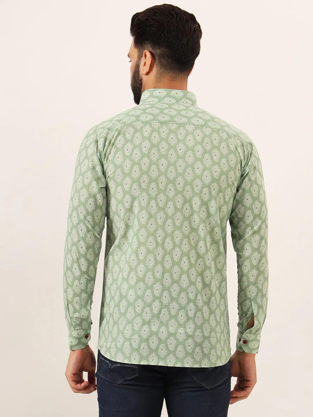 MILLENNIAL MEN Green Paisley Print Pure Cotton Regular Fit Casual Full Sleeve