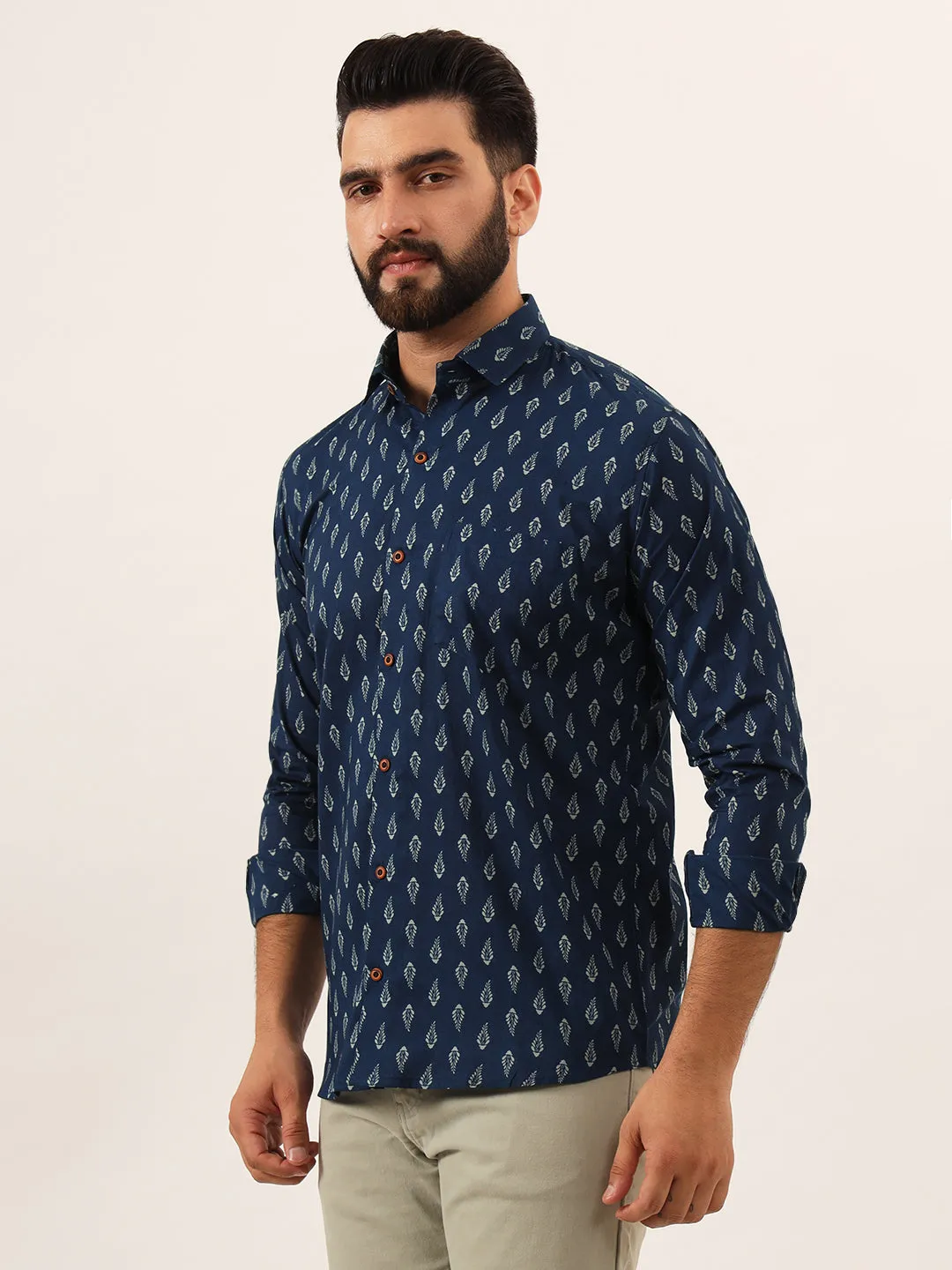 MILLENNIAL MEN Indigo blue Floral Print Pure Cotton Regular Fit Casual Shirt