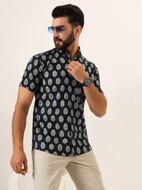 MILLENNIAL MEN Navy Blue Floral Print Pure Cotton Regular Fit Casual Half Sleeve