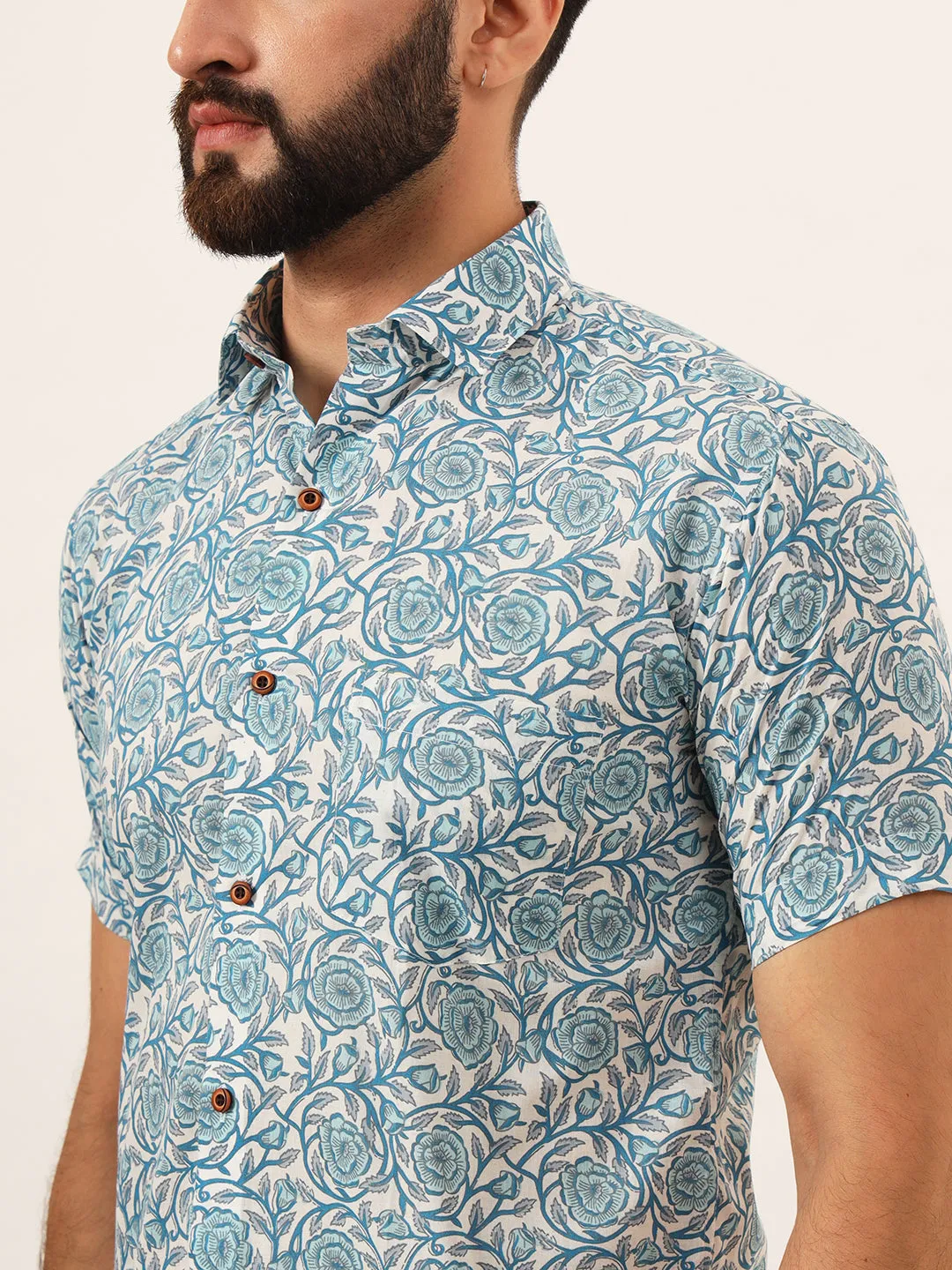 MILLENNIAL MEN Sky Blue Floral Print Pure Cotton Regular Fit Casual Half Sleeve