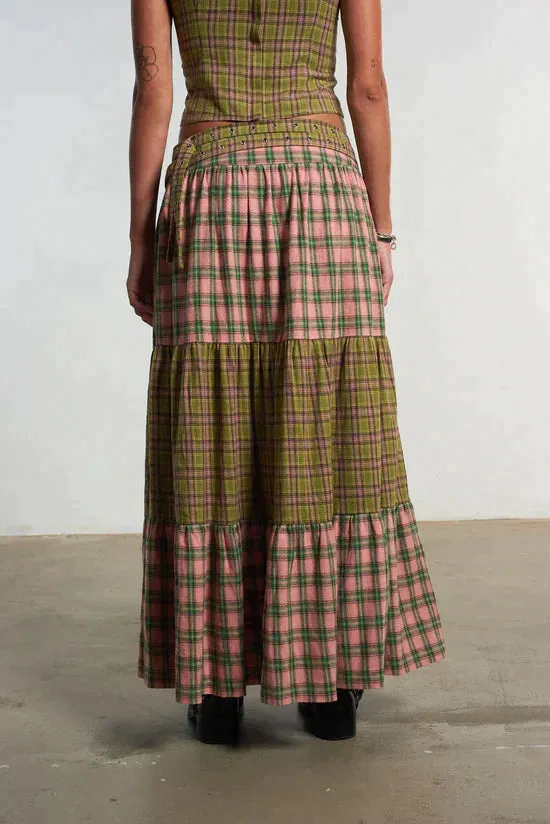 MIX CHECK MAXI SKIRT W/ OPEN SLIT