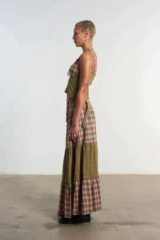 MIX CHECK MAXI SKIRT W/ OPEN SLIT