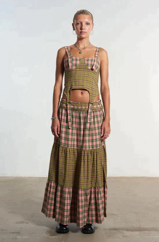 MIX CHECK MAXI SKIRT W/ OPEN SLIT