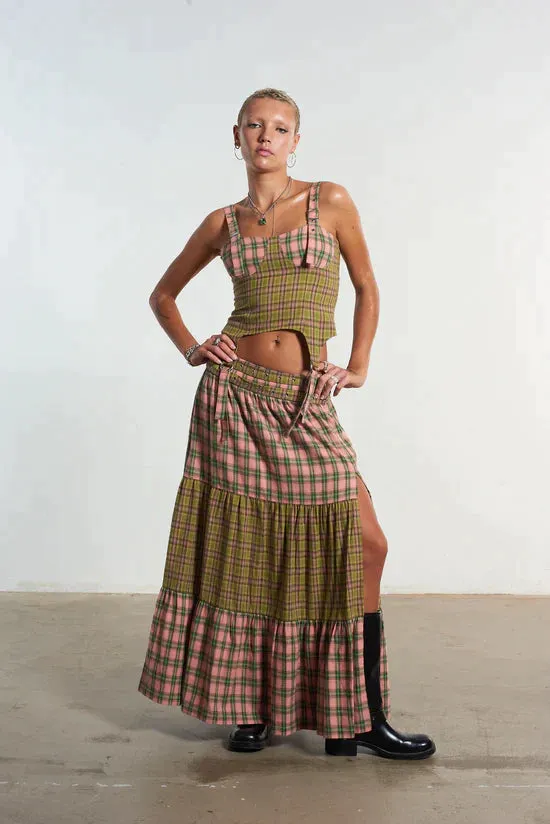 MIX CHECK MAXI SKIRT W/ OPEN SLIT