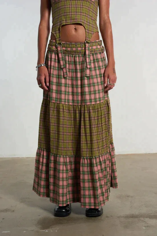 MIX CHECK MAXI SKIRT W/ OPEN SLIT