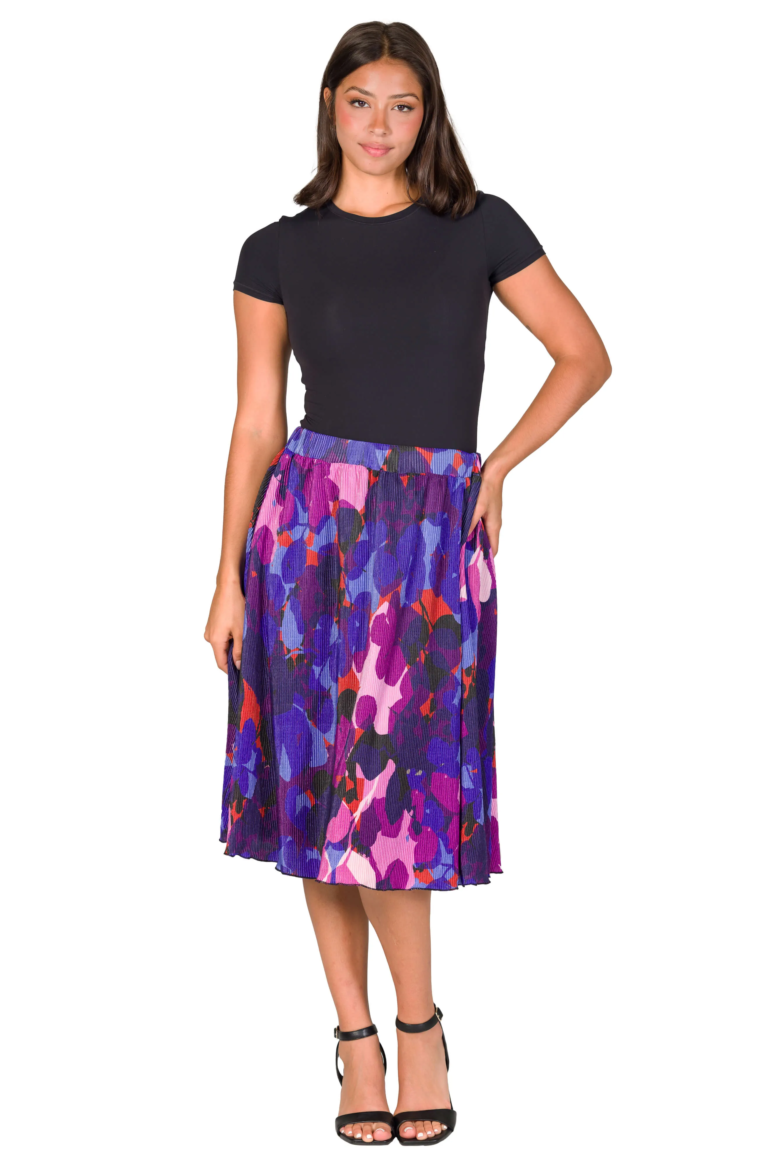 Multicolor Accordion Pleated Elastic Waistband Party Midi Skirt