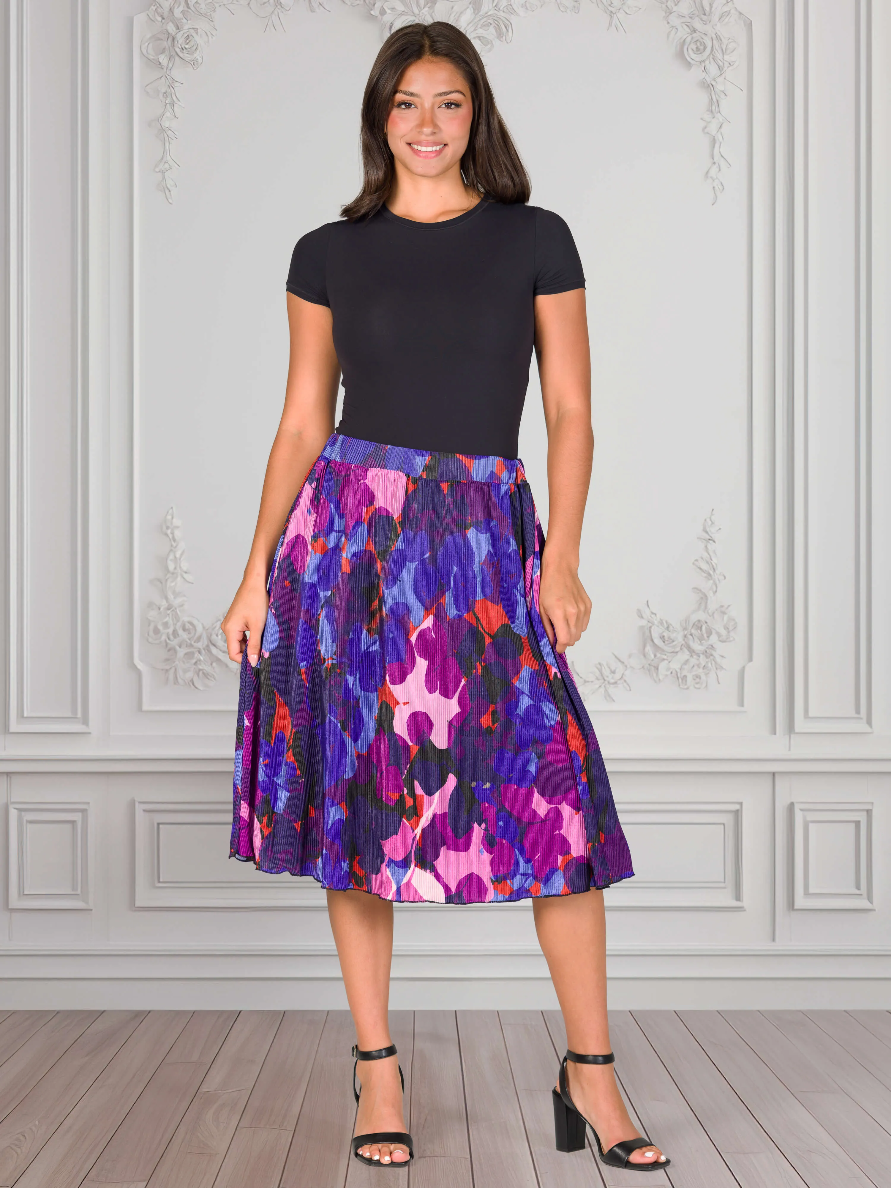 Multicolor Accordion Pleated Elastic Waistband Party Midi Skirt