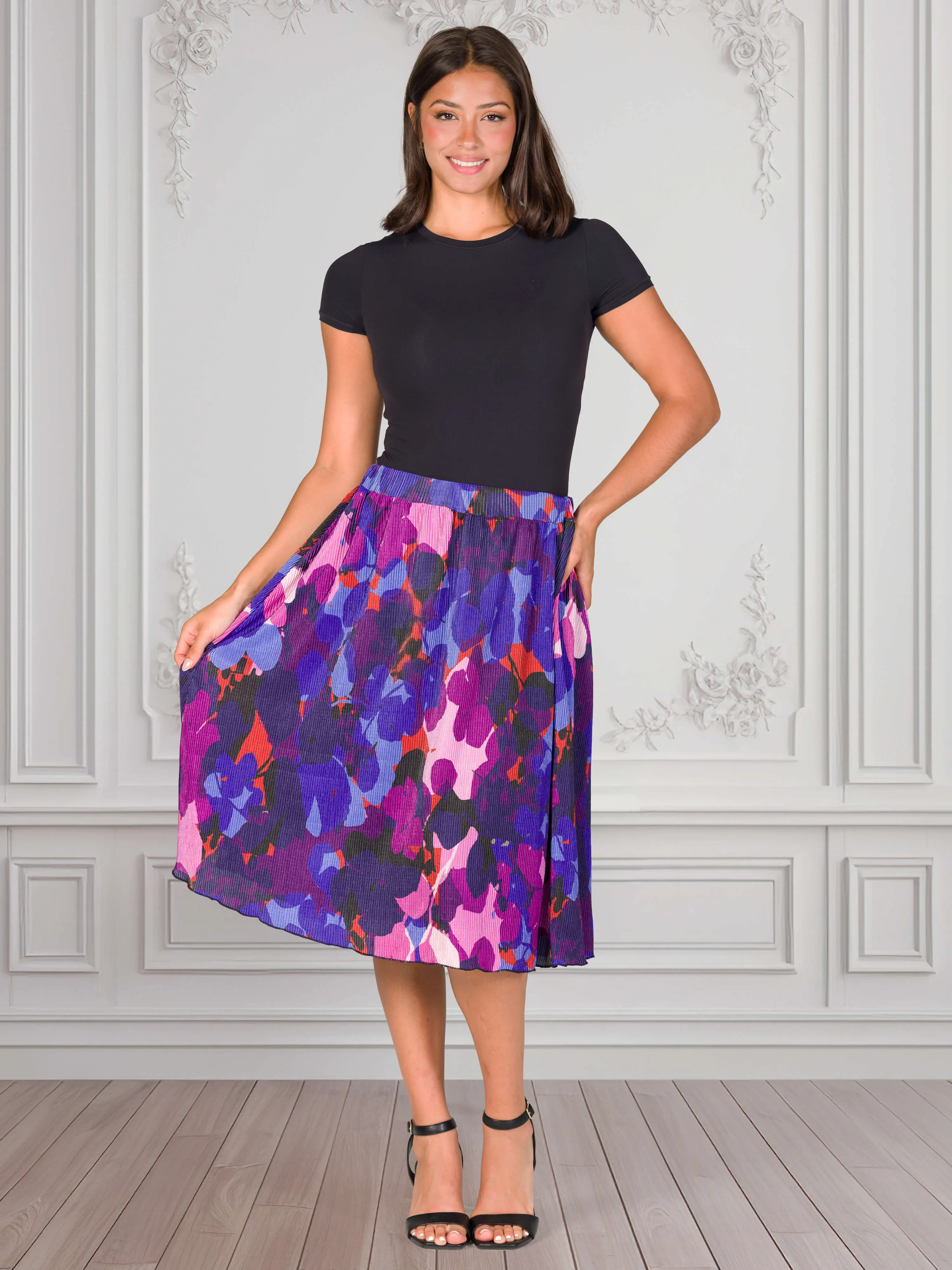 Multicolor Accordion Pleated Elastic Waistband Party Midi Skirt